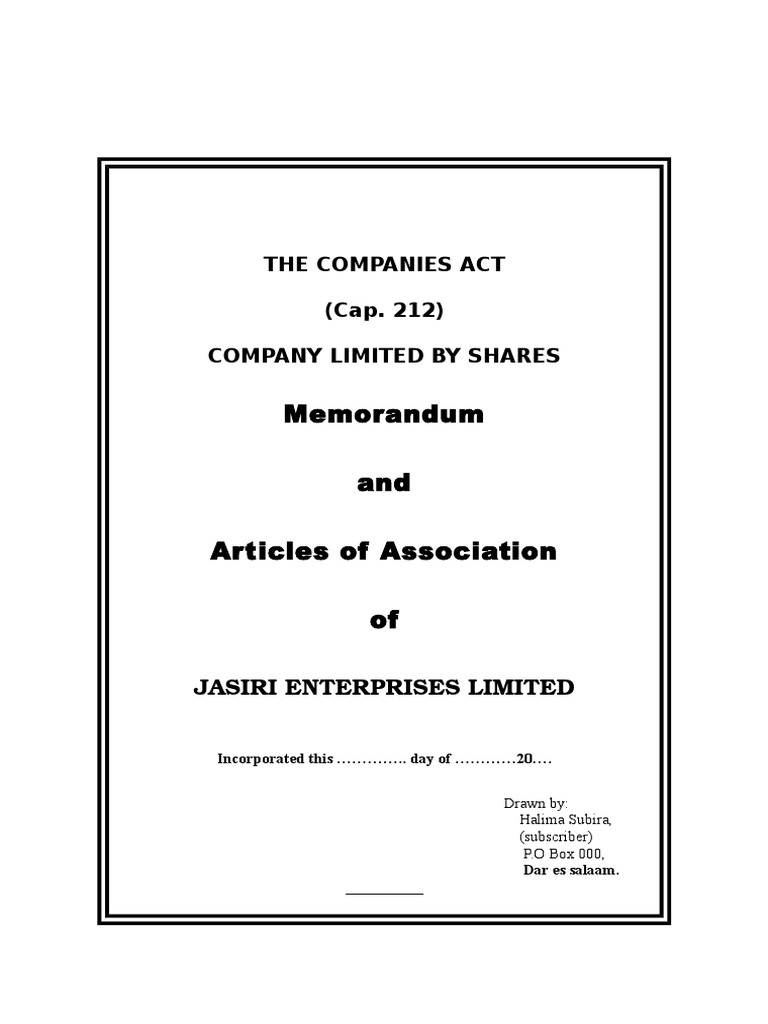 Sample Memorandum And Articles Of Association