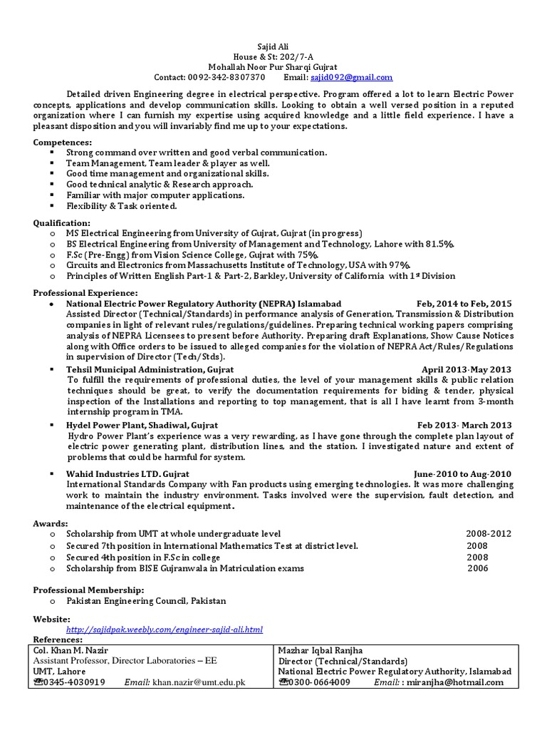 Sajid Ali's Electrical Engineering CV | PDF | Engineer | Electrical ...