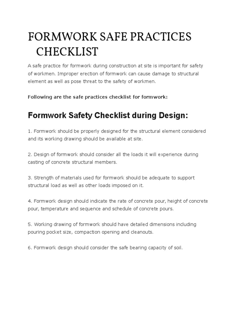 Formwork Safety Practices Checklist | PDF | Concrete | Structural ...