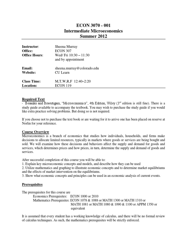 Intermediate Microeconomics Syllabus | PDF | Academic Dishonesty | Test ...