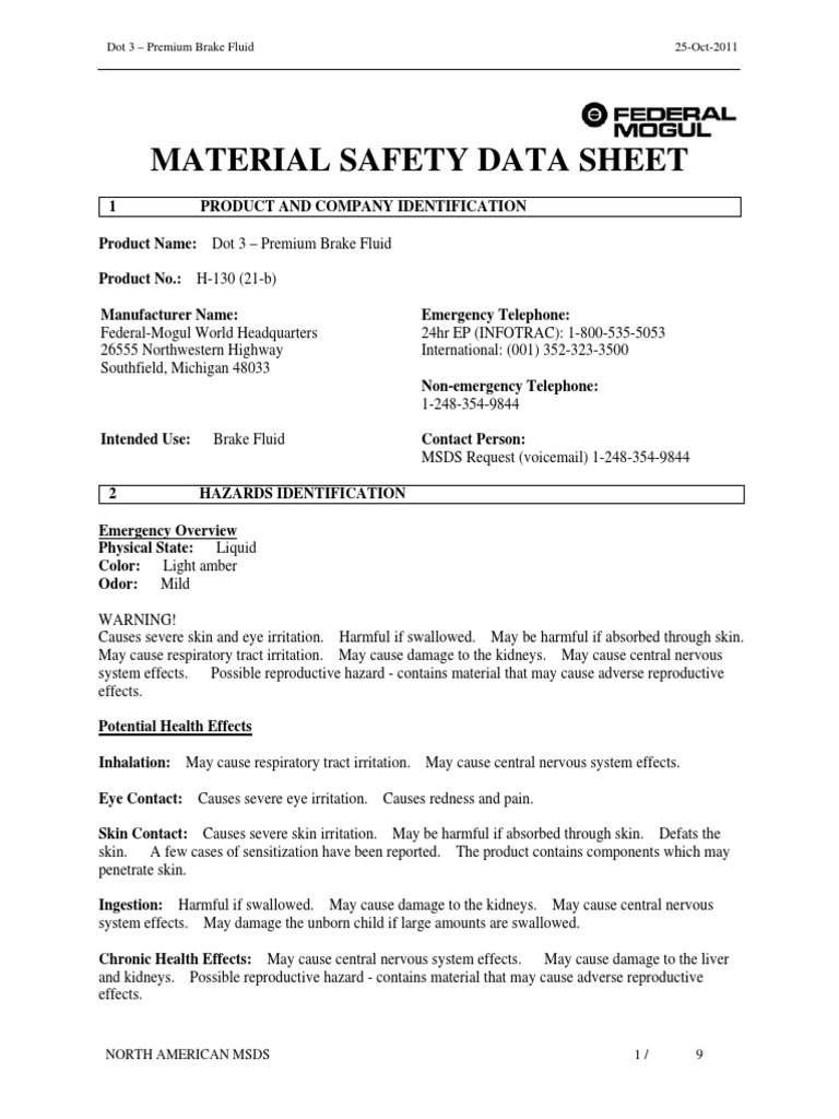 Msds Brake Fluids FederalMogul PDF Firefighting Ethanol