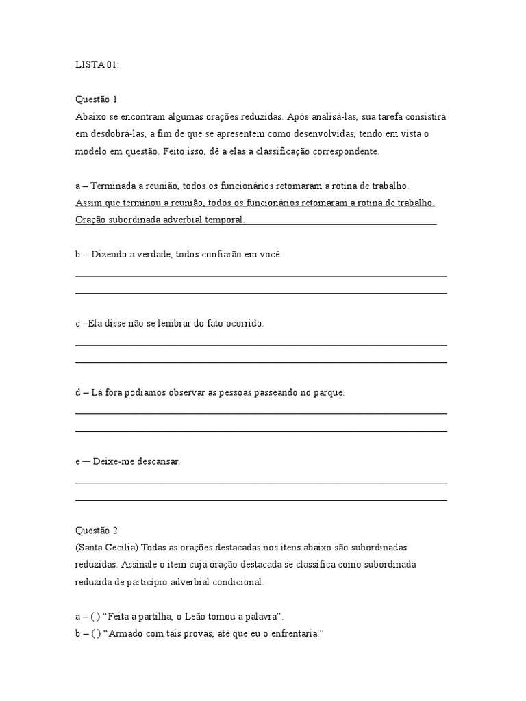 Orações Subordinadas Substantivas Reduzidas Exercícios Com Gabarito 9o Ano