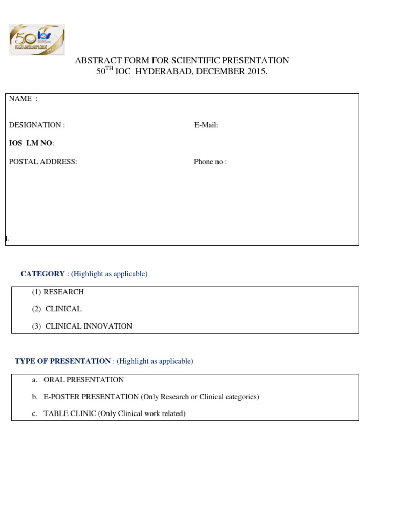 Abstract Form For Scientific Presentation 50 Ioc Hyderabad, December ...