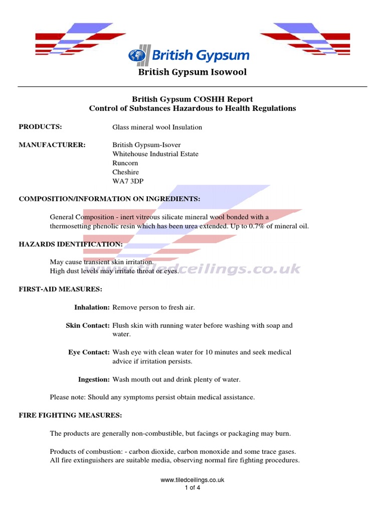 British Gypsum Isowool Insulation Coshh Safety Chemistry Free 30