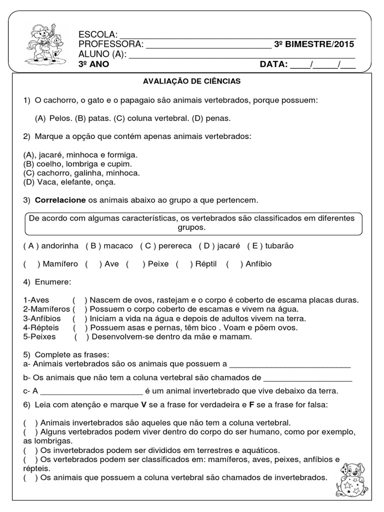 Prova III Bimestre de Ciências 3º Ano Fundamental