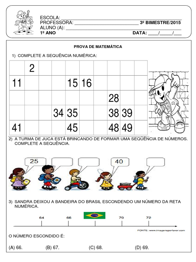 Prova III Bimestre Matematica 1º Ano Fundamental | PDF