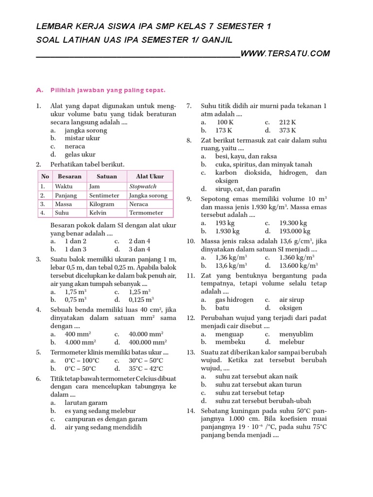 Soal Uas Ganjil Ipa Kelas 7 Semester 1