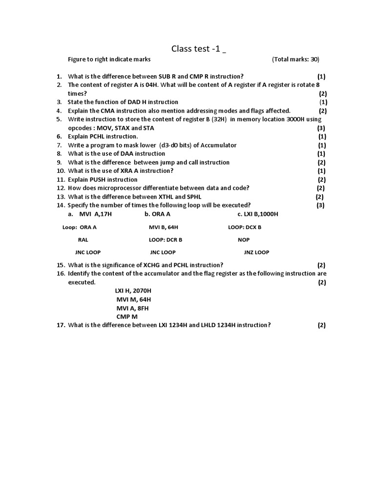 Class Test on Microprocessor Instructions | PDF