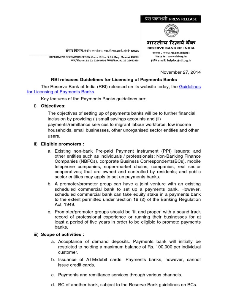 RBI Guidelines for Payments Banks 2014 | PDF | Reserve Bank Of India ...