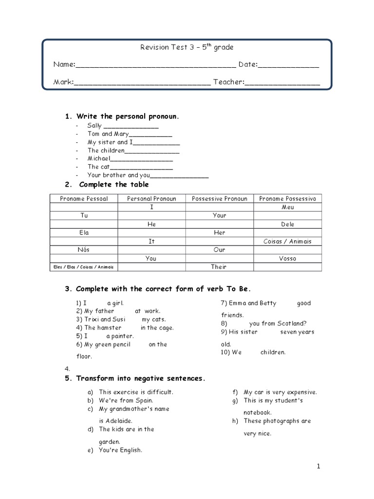5th Grade Revision Test on Pronouns and Verbs | PDF | Syntax