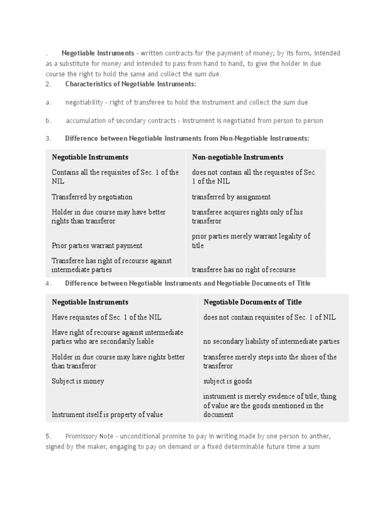 Negotiable Instruments Nonnegotiable Instruments Negotiable