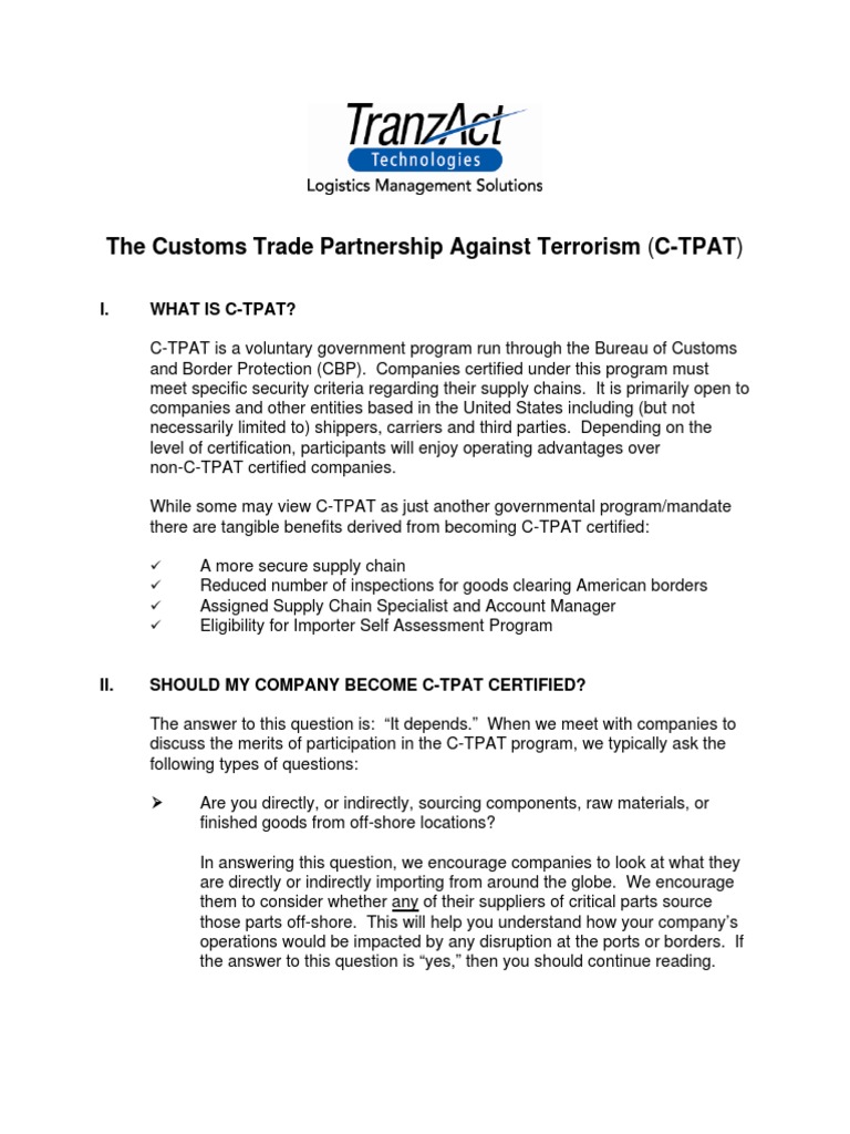 Ctpat Overview Pdf Pdf Supply Chain U S Customs And Border