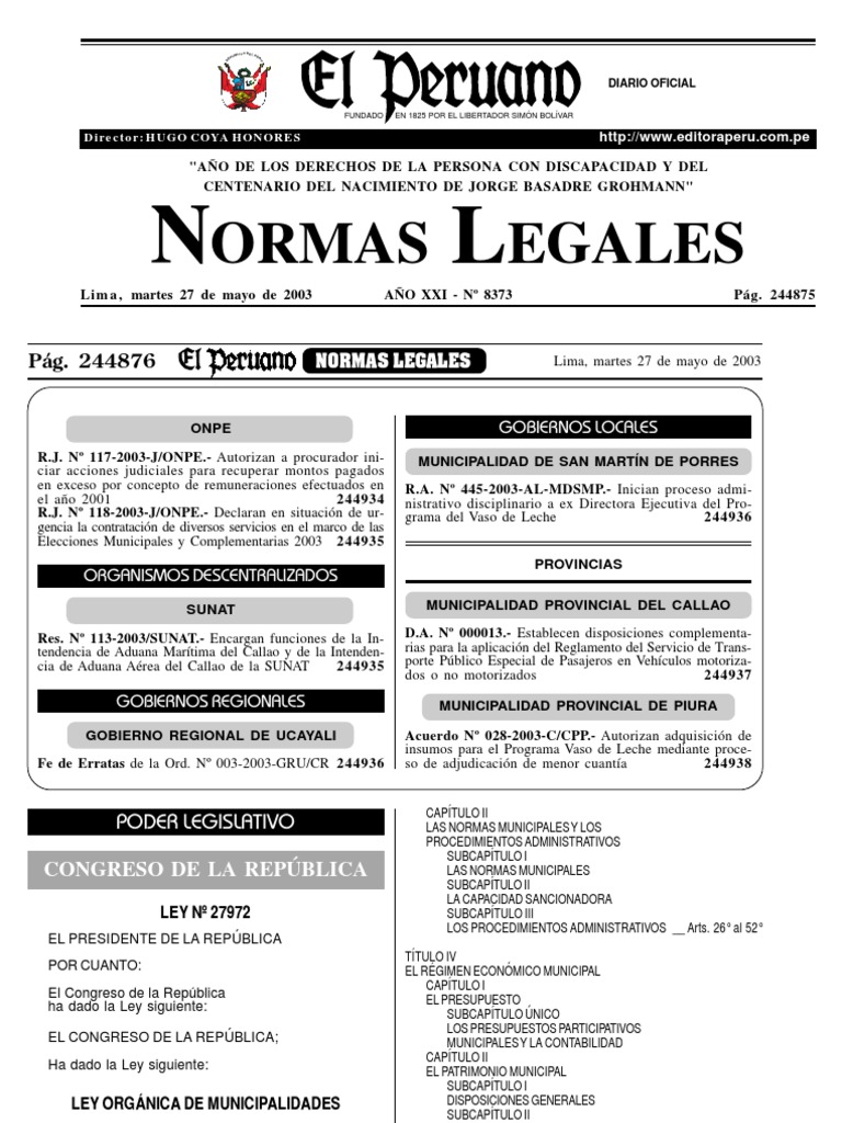 Ley 27972 Ley Organica de Municipalidades PDF Alcalde Gobierno