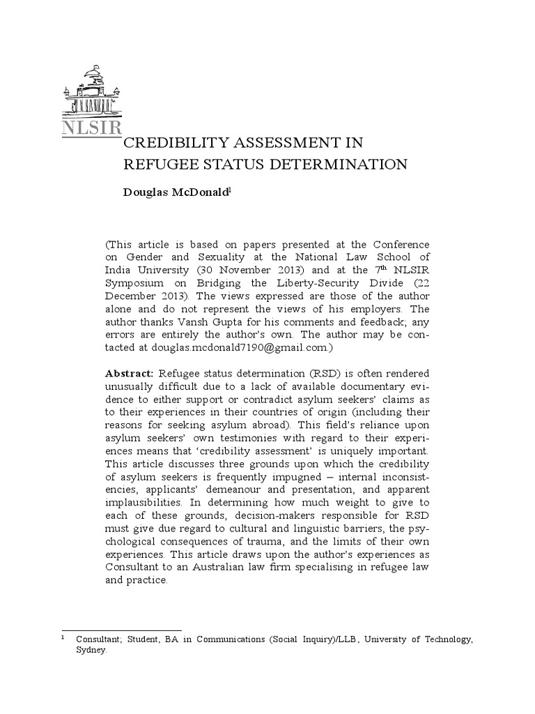 Douglas McDonald Credibility Assessment in Refugee Status Determination