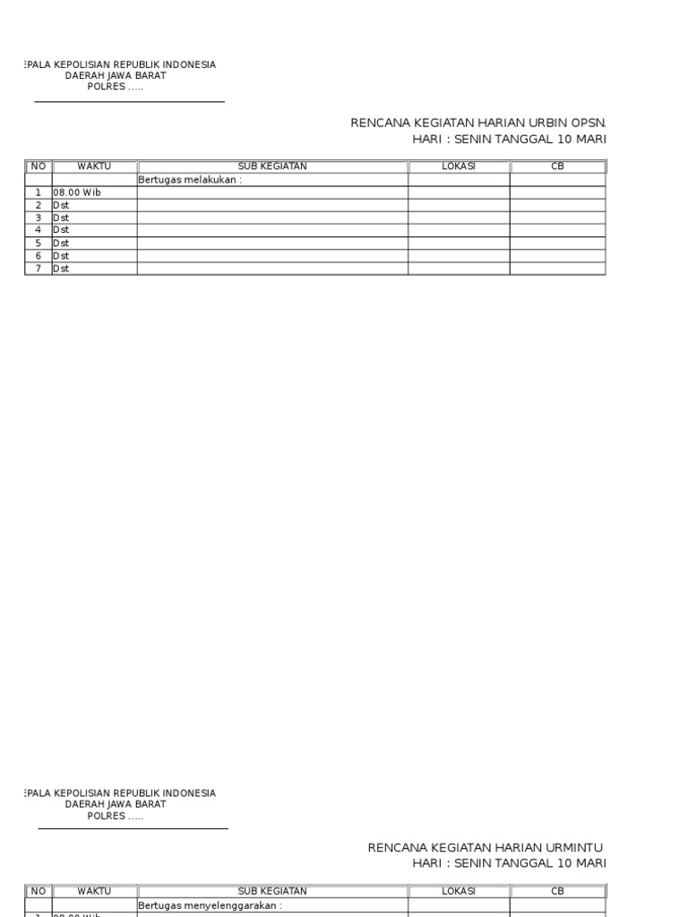 Rencana Kegiatan Harian Polri Maret 2014 | PDF | Olahraga & Rekreasi