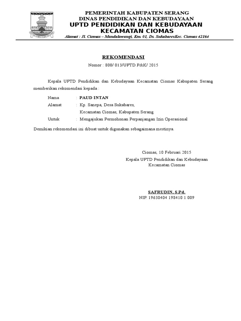 Surat Rekomendasi Perpanjangan Izin Operasional PAUD INTAN Surat Rekomendasi Perpanjangan Izin Operasional PAUD INTAN