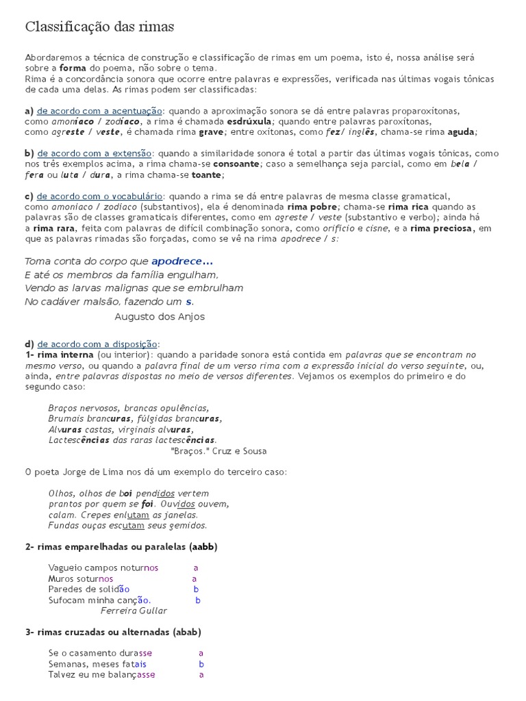 Classificação Das Rimas | Download grátis PDF | Rima | Linguística