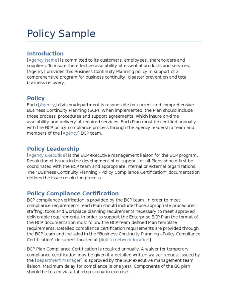 Business Continuity Planning Policy Sample Business Continuity Business