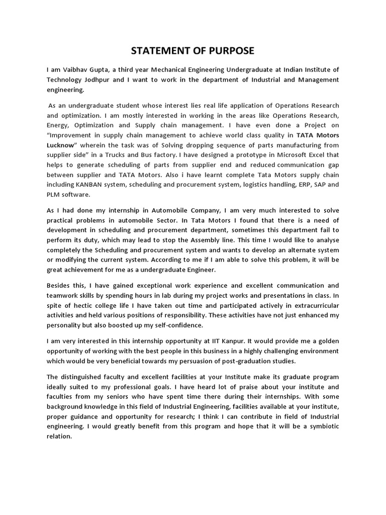 Statement of Purpose Surge Iit Kanpur | Supply Chain Management ...