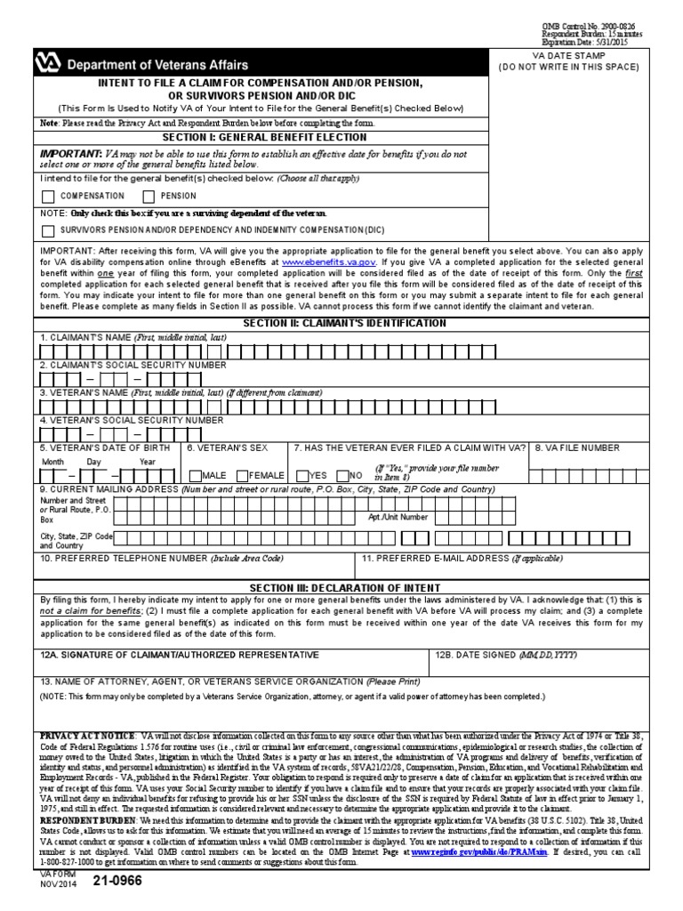 Vba-21-0966 - Intent To File 1 | PDF | Social Security Number | United ...