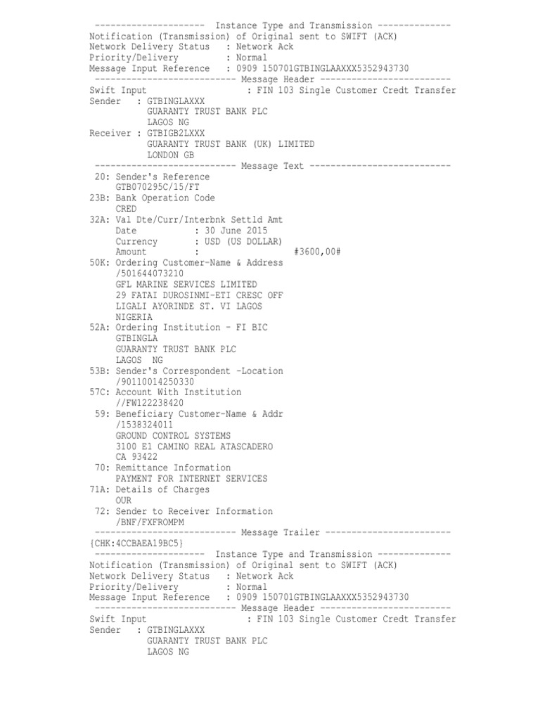 SWIFT MT103 Transfer Details | PDF | Transmission Control Protocol ...