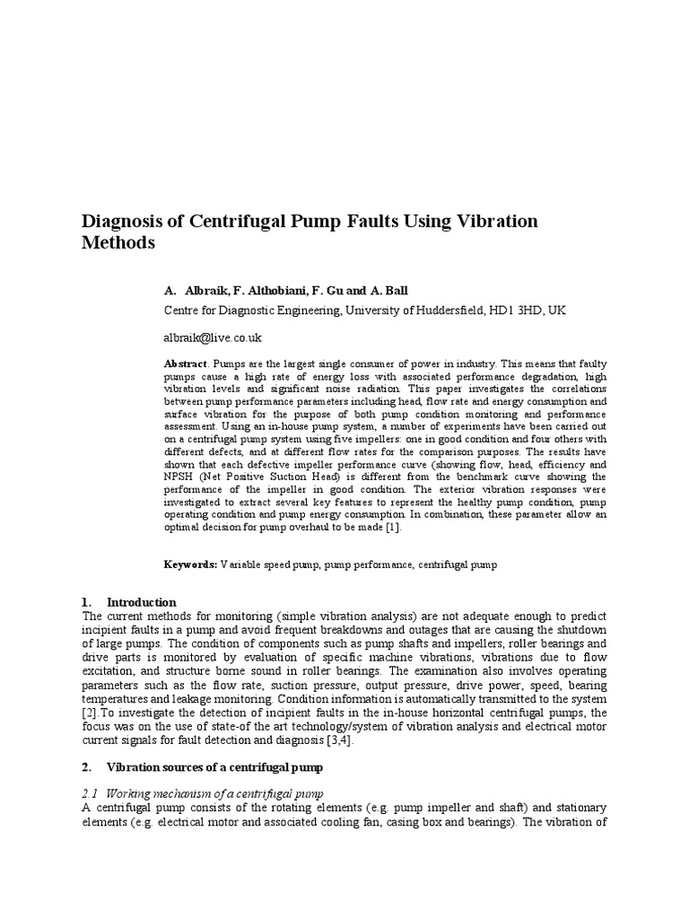 Diagnosis of Centrifugal Pump Faults Using Vibration Methods PDF