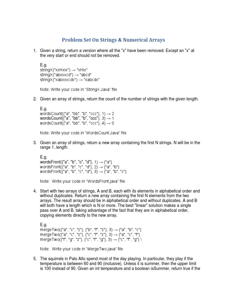 Problem Set On Strings And Arrays String Computer Science Notation
