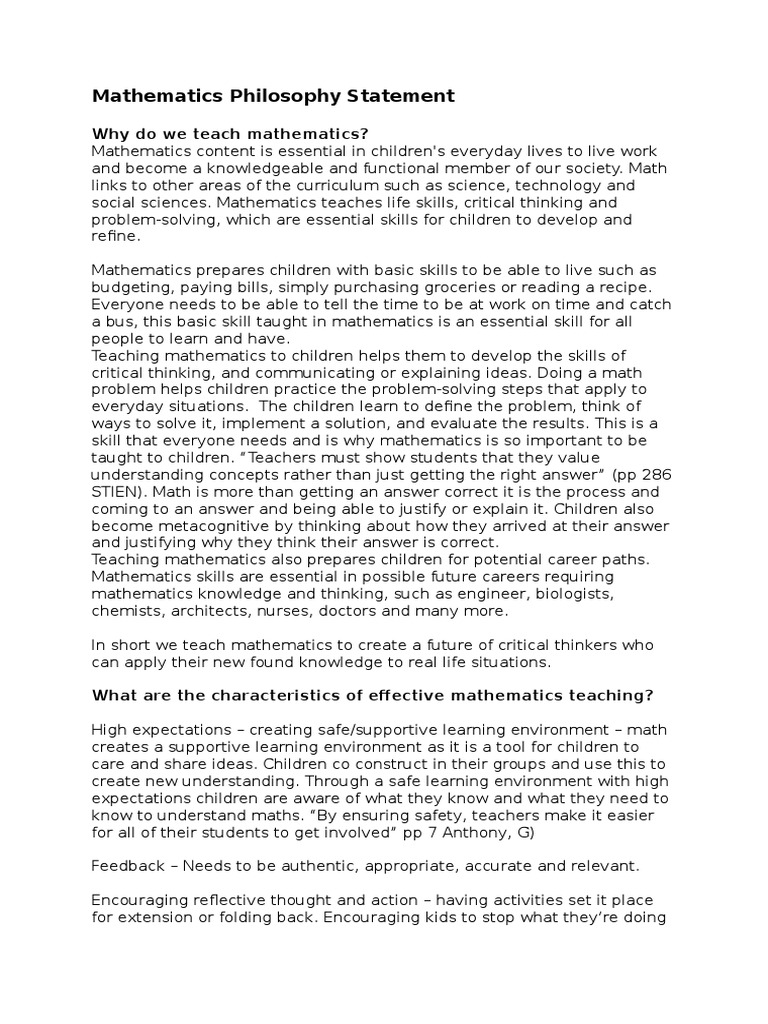 Maths-Philosophy-Statement 1 | PDF | Lesson Plan | Learning