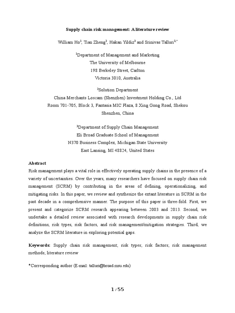 Supply Chain Risk Management A Literature Review (Final) PDF Risk