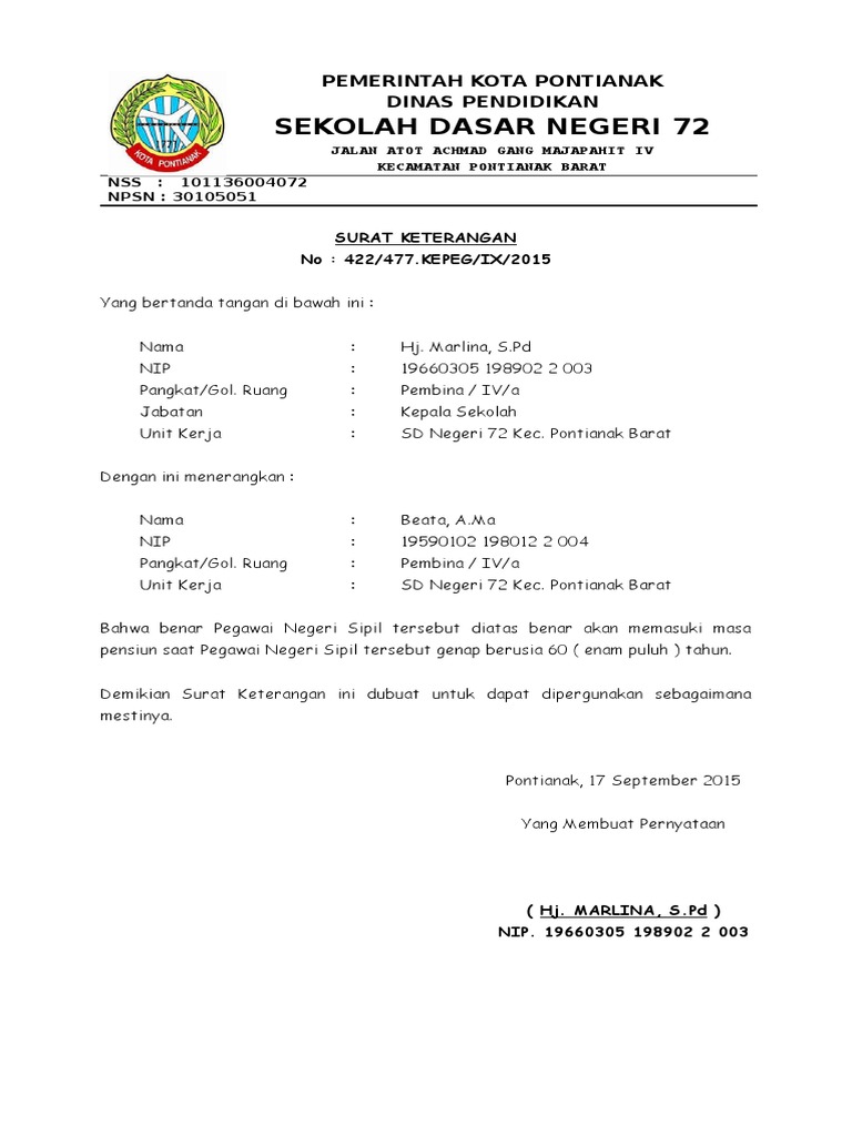 Surat Keterangan Pensiun Usia 60 Pdf