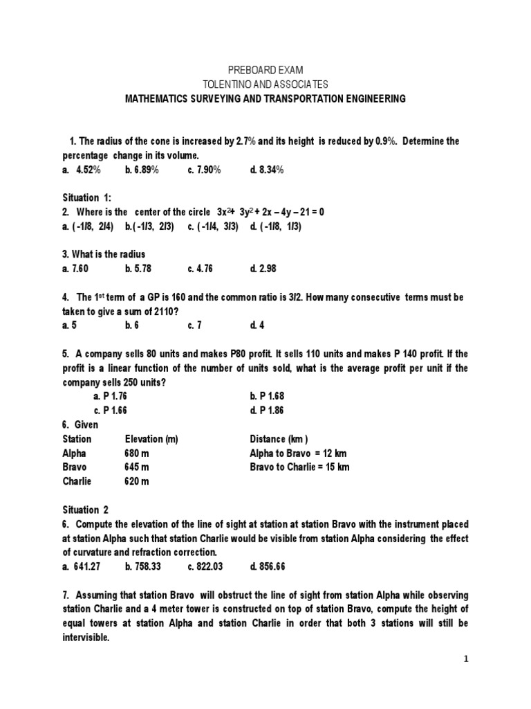 Preboard Exam: Engineering Mathematics | PDF | Triangle | Trigonometric ...