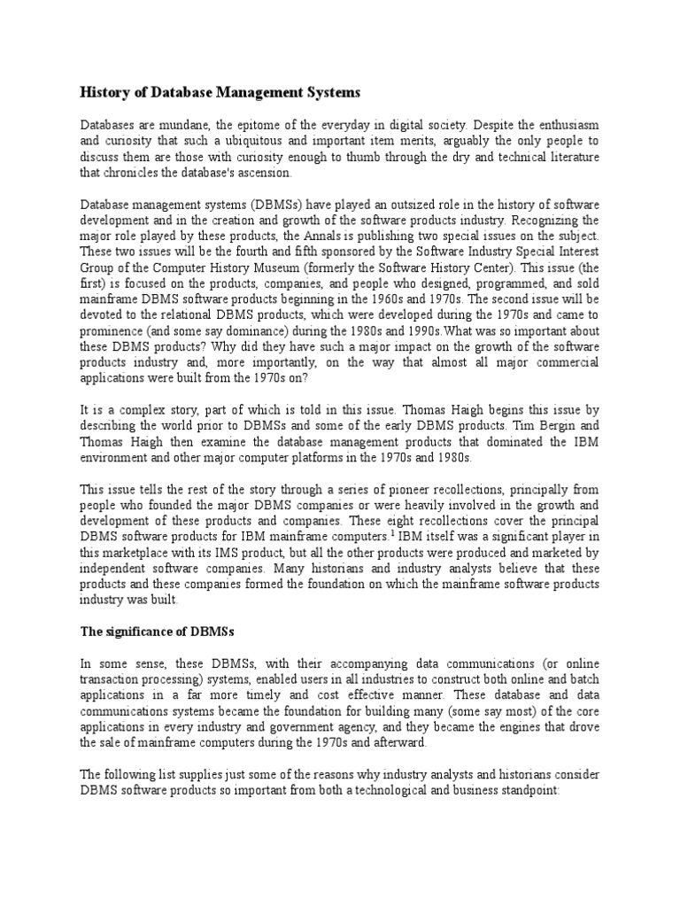 History of Database Management Systems | PDF | Relational Model | Databases