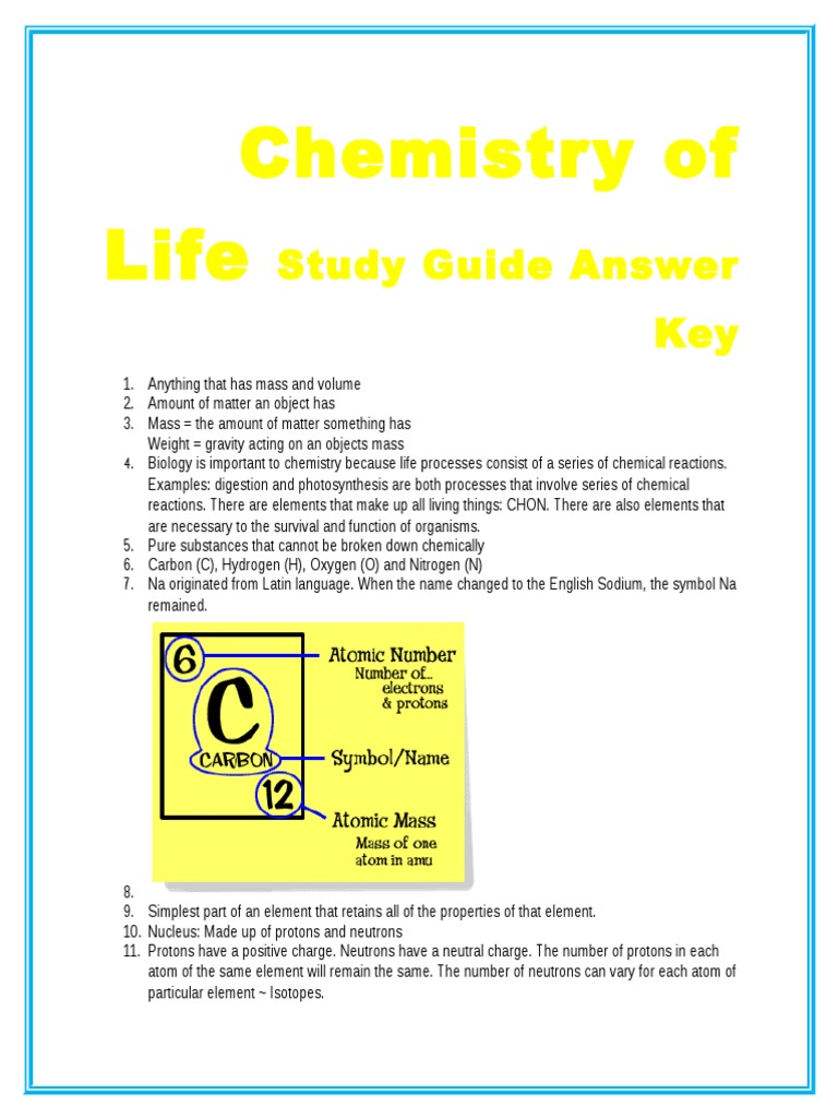 Chemistry of Life Study Guide Answer Key | PDF | Ion | Chemical Elements