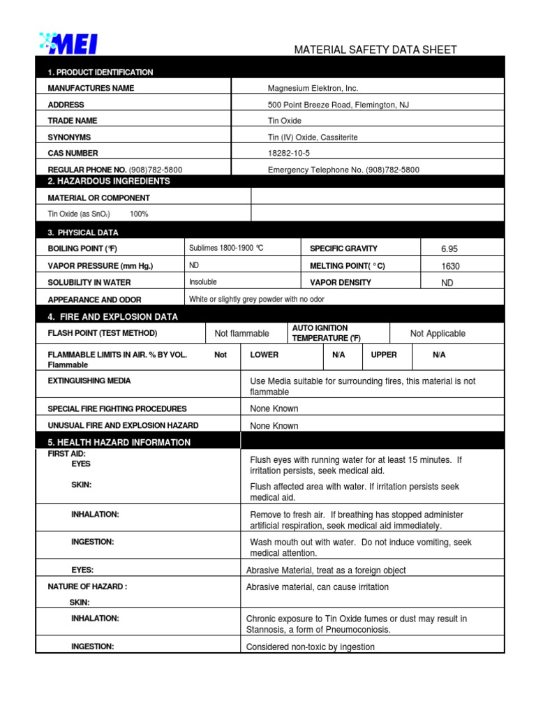 MSDS Tin Oxide PDF Water Chemistry