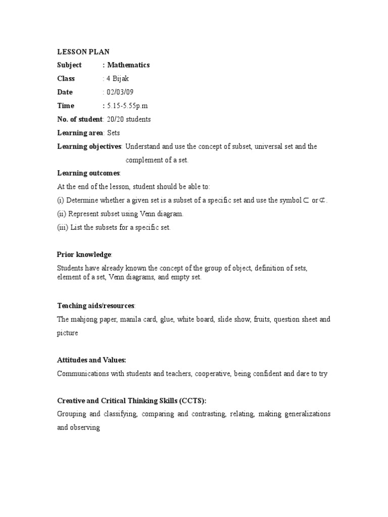 Sets Lesson Plan 2 Lesson Plan Teachers