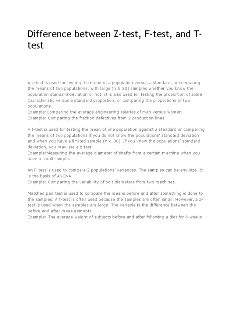 Difference Between ZTest, FTest, and TTest PDF