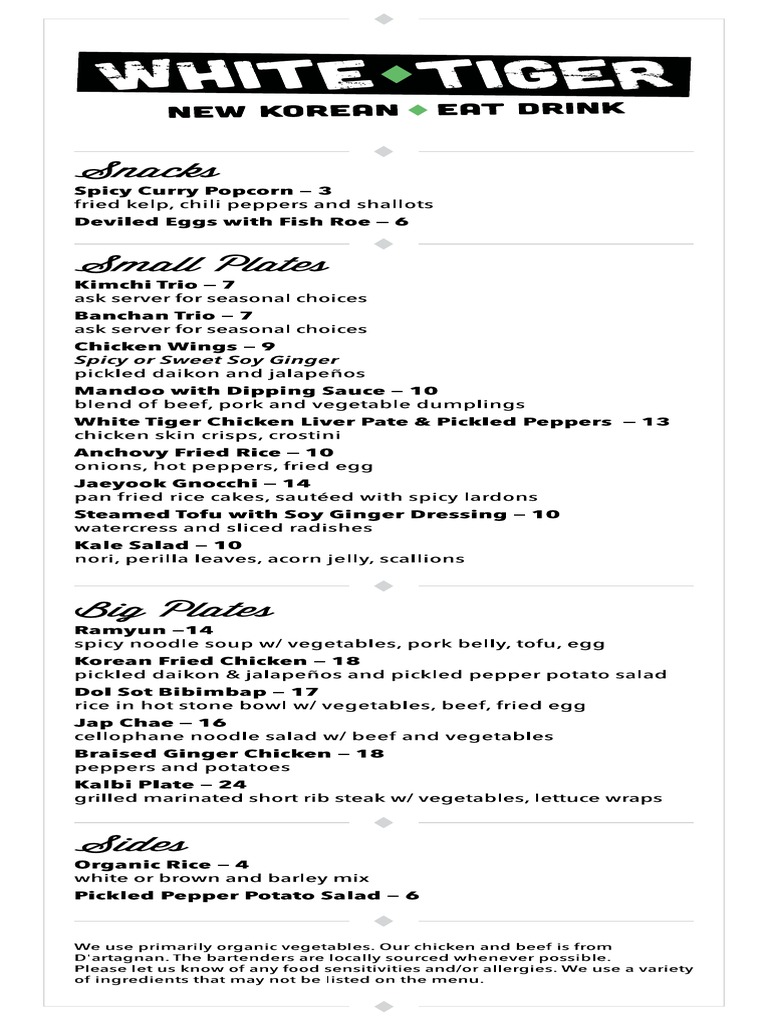 White Tiger Menu PDF