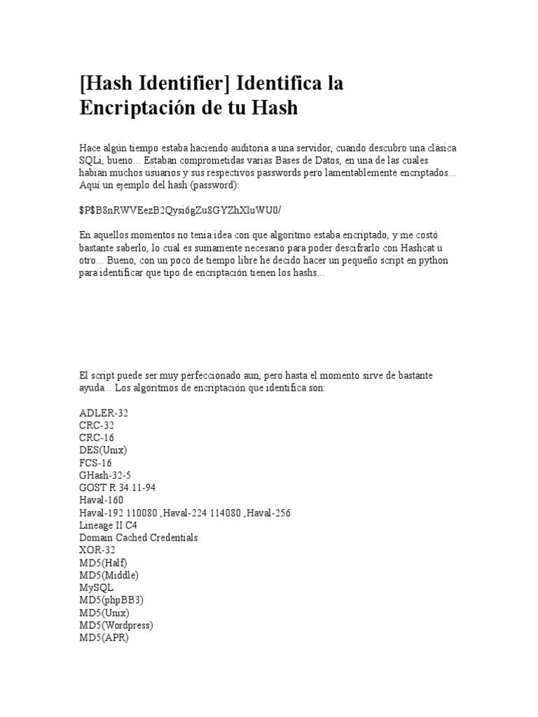 (Hash Identifier) Identifica La Encriptación de Tu Hash | PDF | Arte ...