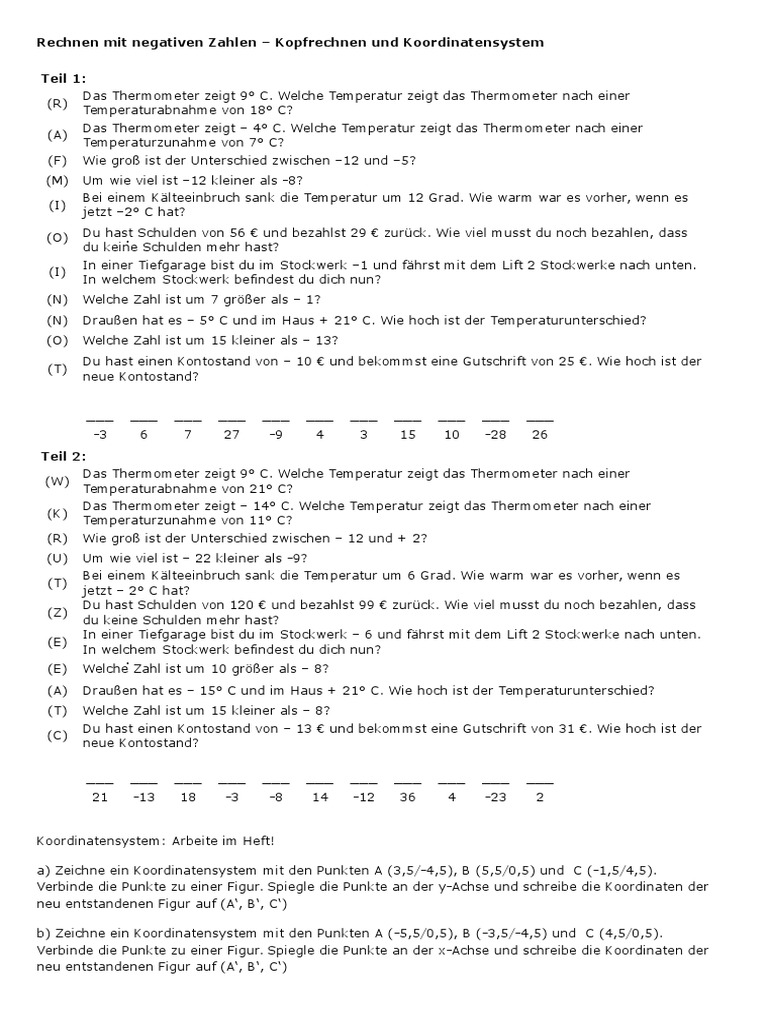 Negative Zahlen - Textaufgaben Und Koordinatensystem
