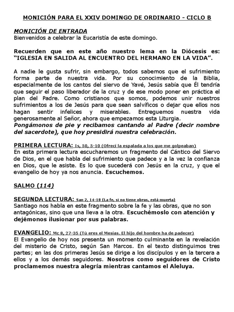 Monición Para El Xxiv Domingo de Ordinario Ciclo b PDF Cristo