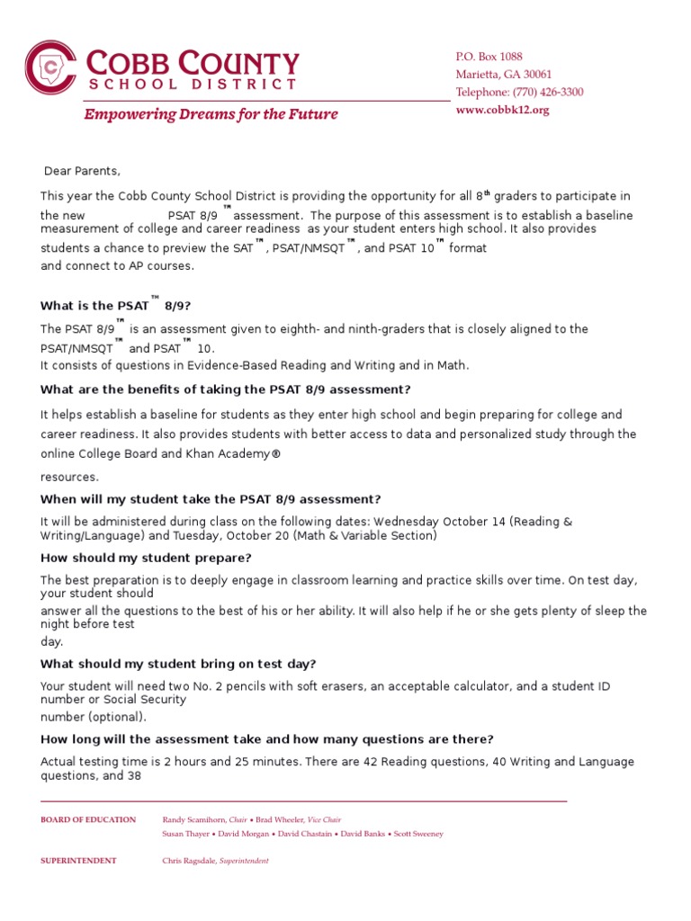 PSAT 8 Parent Letter PDF Psat Nmsqt Sat