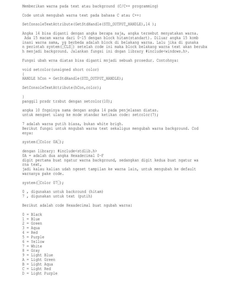 Panduan Warna Teks C/C++ | PDF