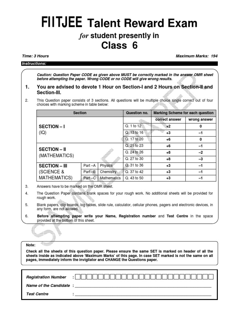 Fiitjee admission test sample paper for class 8 picture