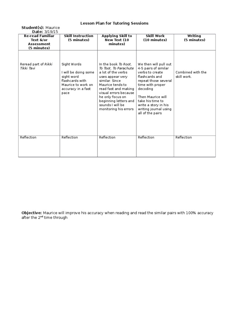 Tutoring Lesson Plan for Reading Skills | PDF