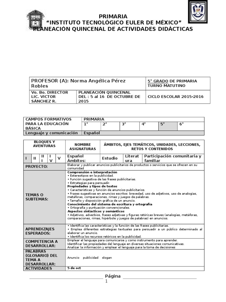 Planeacion Quinto 5 de Octubre Educación en artes visuales Anuncio