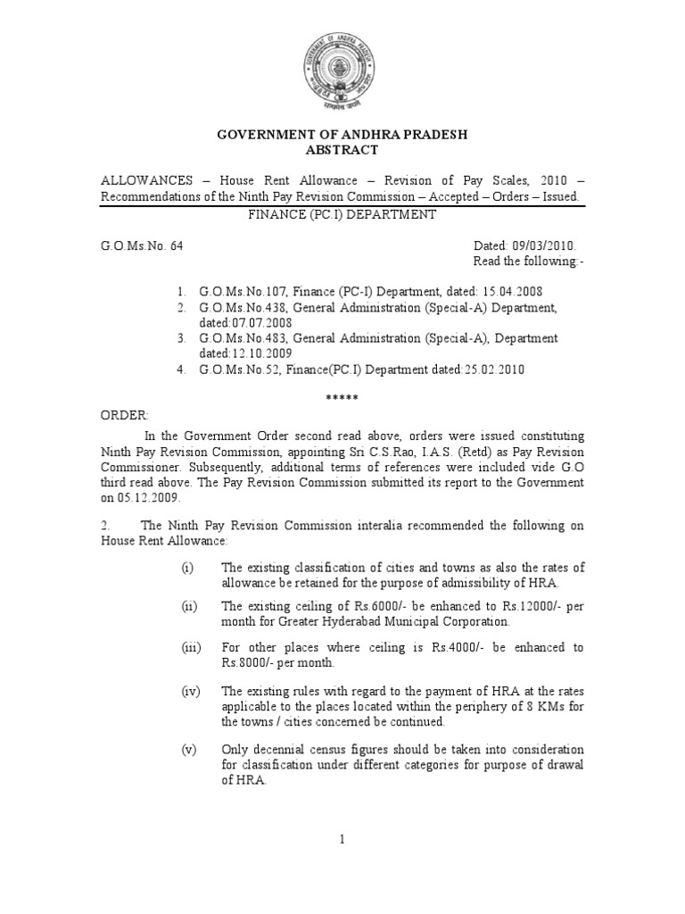 HRA Rates Revision for AP Government Employees | PDF
