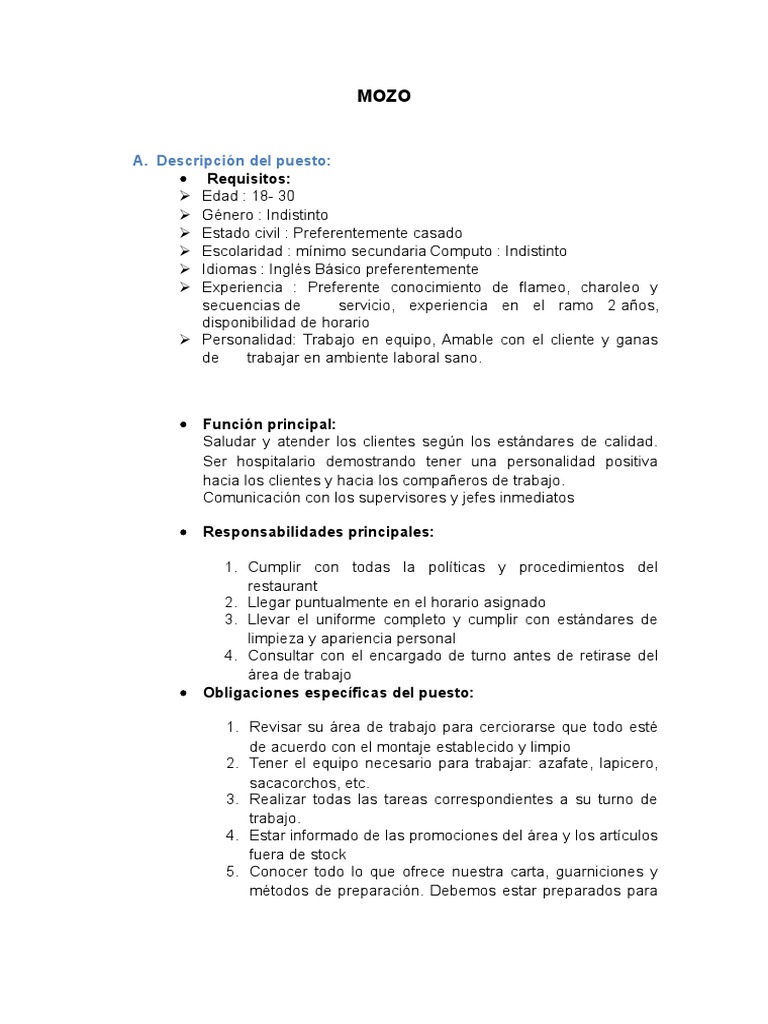 Descripcion de Puesto de Un Mozo | PDF | Business