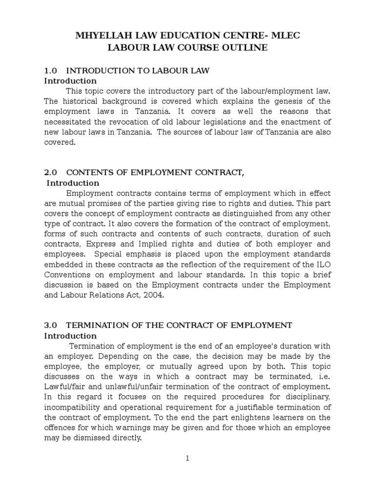 Employment And Labour Law Course Outline Pdf Collective