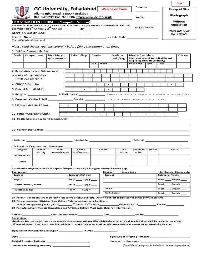 GCUF Examination Form for B.A/B.Sc. | PDF | Geography | Bachelor Of Arts
