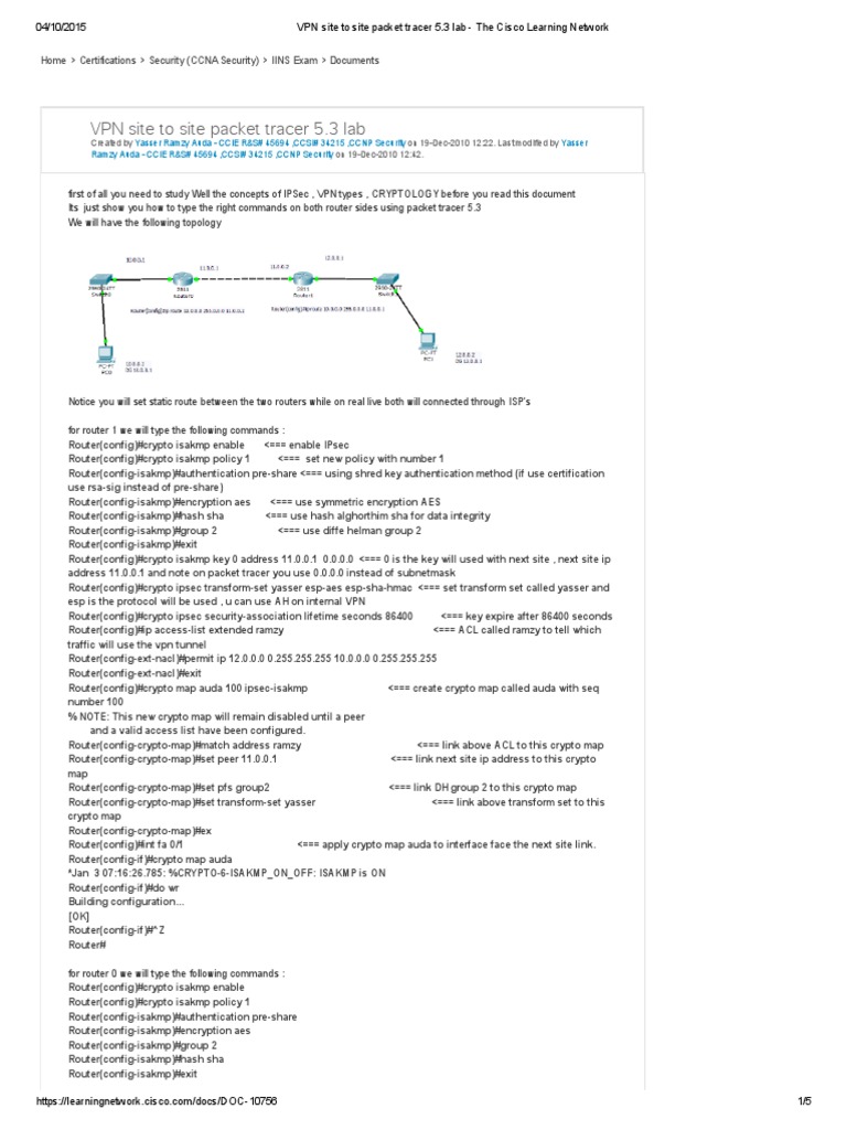 VPN Site To Site Packet Tracer 5 | PDF | Router (Computing) | Virtual  Private Network